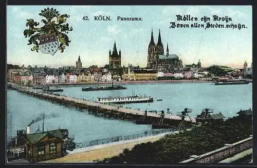 AK Cöln, Panorama mit Dampfer auf dem Rhein und Blick zum Dom, Wappen