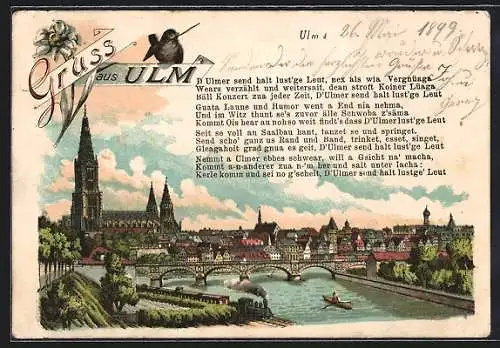 Lithographie Ulm / Donau, Stadtansicht mit Flusspartie