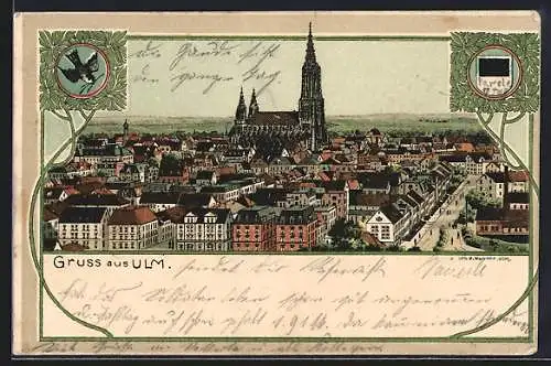 Lithographie Ulm / Donau, Ortsansicht aus der Vogelschau, Wappenzeichen