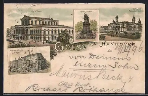 Lithographie Hannover, Continental-Hotel und Georgstr., Krieger-Denkmal, Königl. Theater, Technische Hochschule