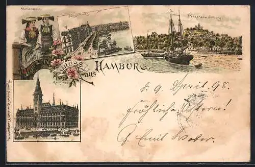 Lithographie Hamburg, Jungfernstieg, Blankenese Süllberg, Rathhaus, Vierländerin