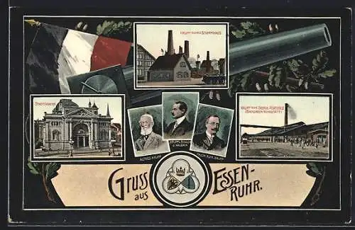 AK Essen-Ruhr, Stadttheater, Krupp`sche Stammhaus, Krupp`sche Fabrik Portier II