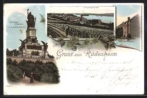 Lithographie Nationaldenkmal a.d. Niederwald, Mäusethurm