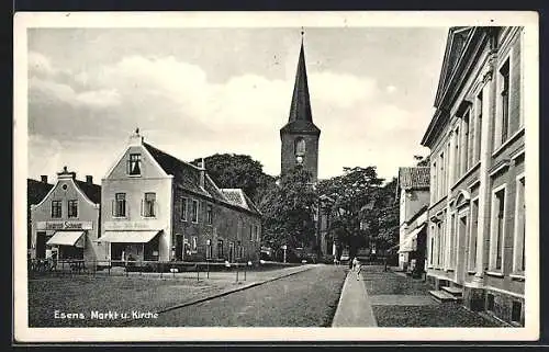 AK Esens, Geschäft Diedrich Schmidt mit Markt und Kirche