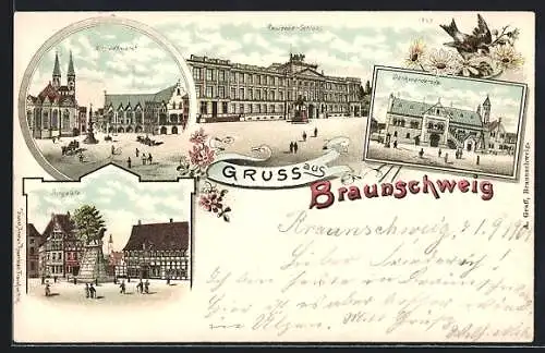 Lithographie Braunschweig, Altstadtmarkt, Residenzschloss, Burgplatz