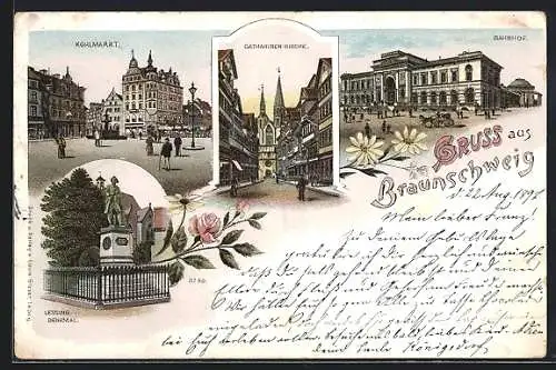Lithographie Braunschweig, Kohlmarkt mit Brunnen, Catharinen-Kirche, Bahnhof und Lessing-Denkmal