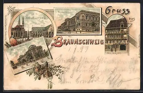 Lithographie Braunschweig, Herzogl. Museum, Haus Sack No. 5, Polytechnikum