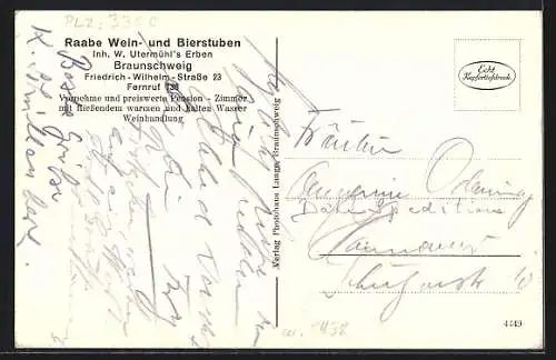 AK Braunschweig, Restaurant Raabe Wein- und Bierstuben, Inh. W. Utermühl`s Erben, Friedrich-Wilhelm-Str. 23