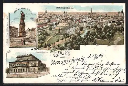 Lithographie Braunschweig, Sieges-Denkmal, Herzogl. Hoftheater