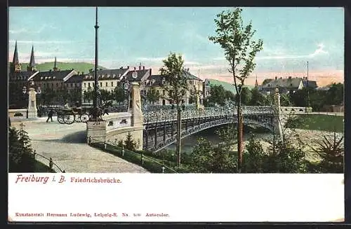 AK Freiburg i. B., Friedrichsbrücke mit Pferdefuhrwerk