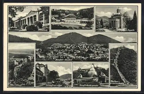 AK Baden Baden, Kurhaus, Schlossterrasse, Trinkhalle, Merkur Drahtseilbahn