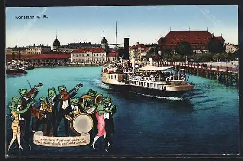 AK Konstanz, Musizierende Frösche am Bodensee, Dampfer