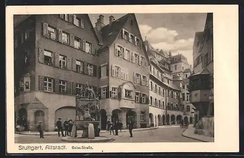 AK Stuttgart, Geiss-Strasse mit Denkmal in der Altstadt