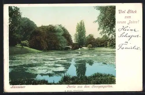 AK Hannover, Partie aus dem Georgengarten, Neujahrsgruss