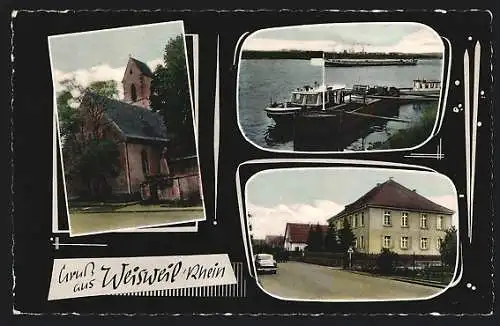 AK Weisweil /Rhein, Kirche, Strassenpartie, Uferpartie mit Booten