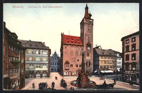 AK Würzburg, Strassenpartie mit Geschäften, Rathaus und Graf Eckartsturm