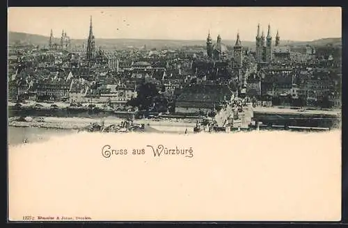 AK Würzburg, Gesamtansicht mit Mainbrücke