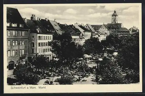 AK Schweinfurt a. Main, Markt mit Geschäften und Denkmal