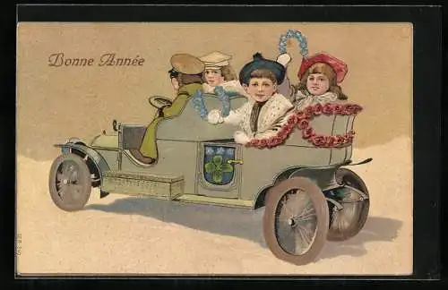 AK Junge Leute fahren Auto im Schnee, Neujahrsgruss