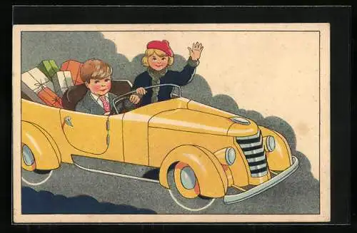 Künstler-AK Kinder mit Geschenken in einem Auto