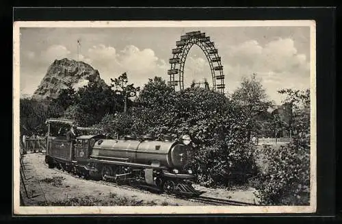 AK Wien, Liliputbahn mit Riesenrad und Hochschaubahn im Wiener Prater