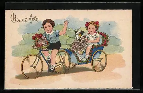 Künstler-AK Kinder mit Fahrrad mit Anhänger