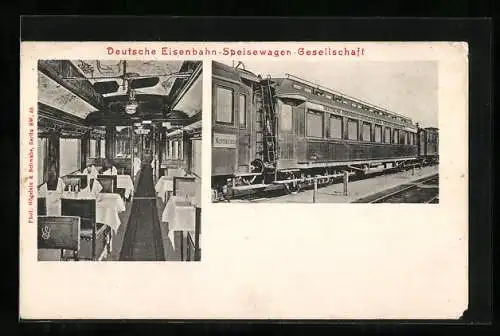 AK Deutsche Eisenbahn-Speisewagen-Gesellschaft, Speisewagen von innen und aussen
