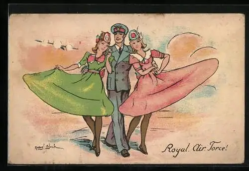 Künstler-AK Pilot der Royal Air Force mit zwei hübschen Frauen