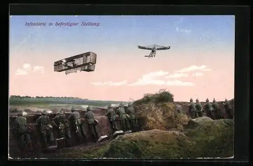 Künstler-AK Infanterie in befestigter Stellung, Militärflugzeuge am Horizont