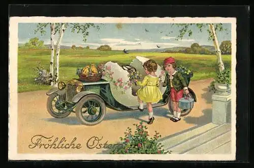 Künstler-AK Auto mit Osterei, Osterküken, Kinder