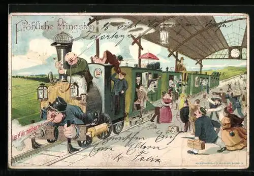 Künstler-AK sign.: J. von Kulas, Eisenbahn im Bahnhof, Leute verabschieden sich