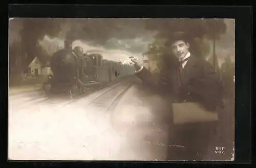 AK Eisenbahn im Bahnhof mit winkendem Mann