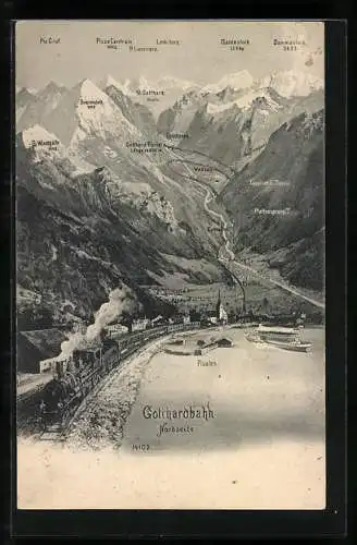AK Flüelen, Nordseite der Gotthardbahn, schweizer Eisenbahn
