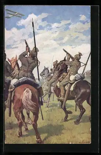 AK Ulanen beschiessen ein feindliches Flugzeug von unten mit ihren Gewehren