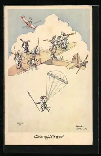 AK Ritter stehen auf einem Flugzeug, einer springt mit dem Fallschirm ab