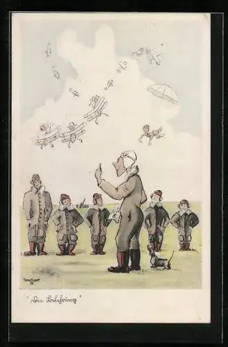 Künstler-AK Flieger-Humor, Oberst unterrichtet seine Schüler, von oben kommende Fallschirme