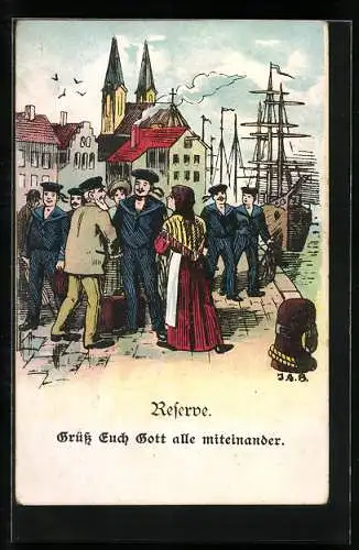 Künstler-AK Matrosen der Reserve am Hafen