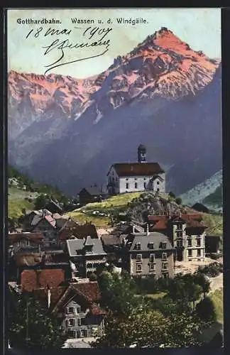 AK Wassen, Ortsansicht mit Kirche und die Windgäile