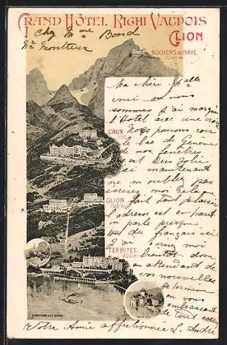 Lithographie Glion, Grand Hôtel Righi Vaudois, Rochers de Naye, Caux, Territet