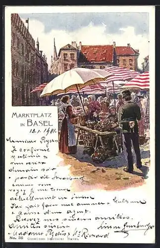 Künstler-AK Basel, Verkaufsstände auf dem Marktplatz