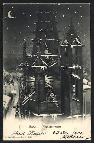 AK Basel, Verschneiter Münsterthurm bei Nacht