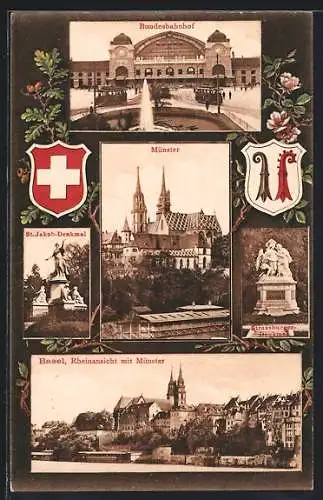 AK Basel, Rheinansicht mit Münster, Bundesbahnhof, St. Jakob-Denkmal, Strassburger Denkmal