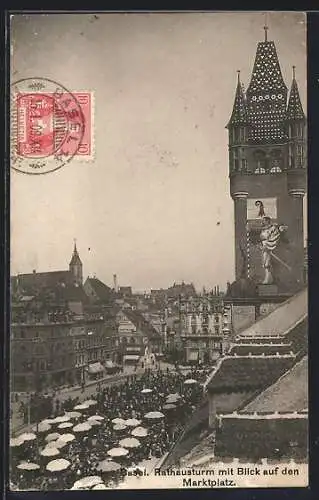 AK Basel, Rathausturm mit Blick auf den Marktplatz