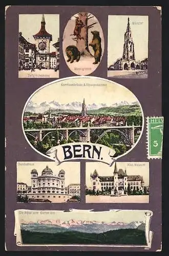 AK Bern, Kornhausbrücke & Alpenpanorama, Zeitglockenturm, Münster und Bundeshaus