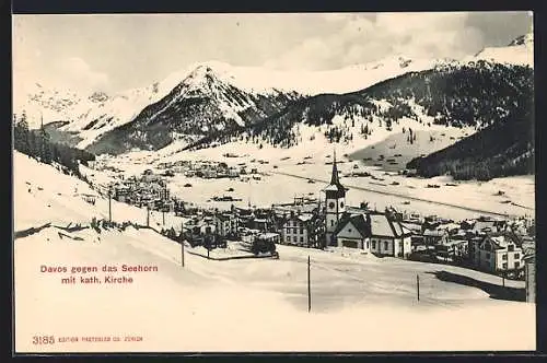 AK Davos, Ort gegen das Seehorn mit kath. Kirche