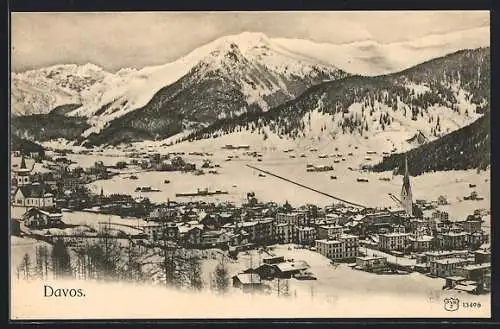 AK Davos, Totalansicht im Winter aus der Vogelschau