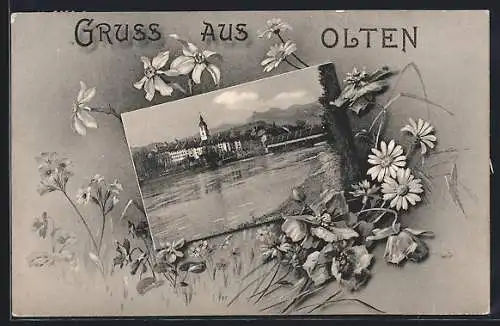 AK Olten, Blick über die Aare auf den Ort, Blumenwiese