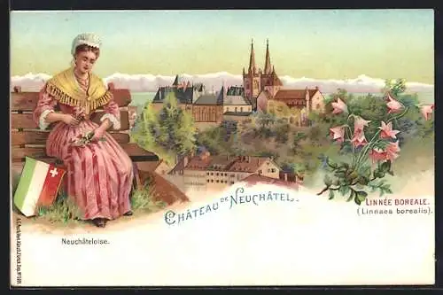 Lithographie Neuchatel, Chateau, Neuchateloise