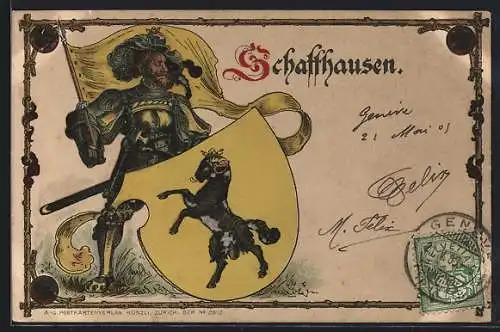 Künstler-AK Schaffhausen, Landsknecht mit Wappen