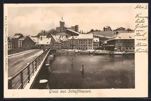 AK Schaffhausen, Winterliche Flusspartie mit Burg